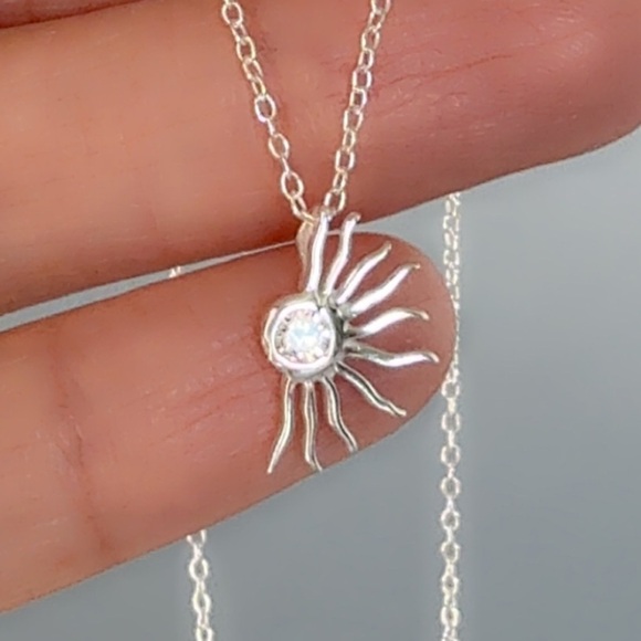 Sterling Silver Sunburst Necklace with Crystal Pendant – Elegant Nature Themed - Picture 6 of 10